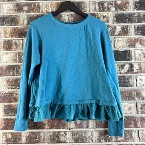 Altar'd State Teal Long Sleeve Ruffled Eyelet Hem Faux Button Back Sweater Top